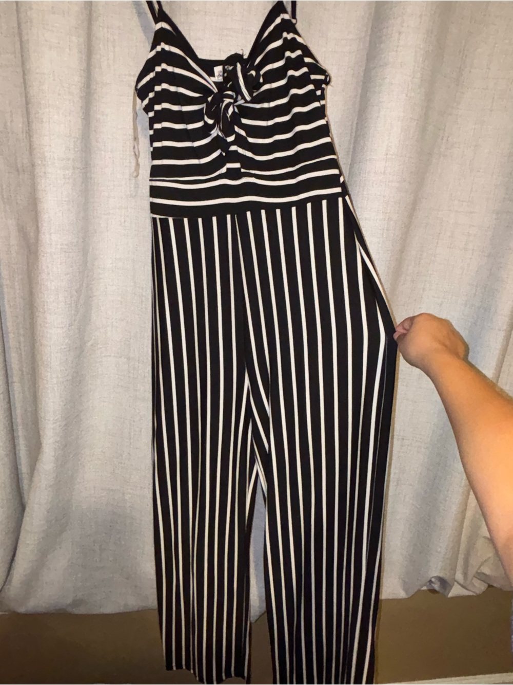 Poof! Black and White Striped Tie-Front Jumpsuit